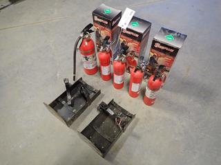 Qty Of Fire Extinguishers c/w (3) Unused Pyrene Plus Fire Extinguishers And (2) Fire Extinguisher Brackets *Note: (5) Require Recharging*