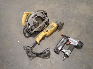 Dewalt DW368 120V 7 1/4in Circular Saw c/w Dewalt 120V 5in Angle Grinder And Porter Cable BN200SB 2in Nailer