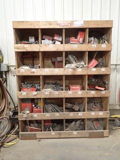 49in X 13in X 62in 20-Compartment Storage Shelf c/w Hilti Bolts, Sleeves, Clamps, Sleeve, Rivets, Nuts, Anchor Bolts And Assorted Supplies