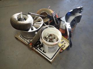 20in Dodge Rim, 13in X 5.00-6 Tire w/ Rim, 400X8 Tire w/ Rim, 165/65-8 Tire w/ Rim, Lug Nut Caps, Chain, (2) Plow Lights, Volvo Side Bumper, Ladder, Winch Bar And Assorted Supplies