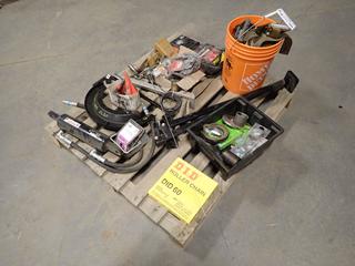 Unused Hydraulic Cylinder, Freightliner Backing Plates, Roller Chain, Seals, Dust Caps, Filter Wrench, Chain, Compressor, Battery Charger And Assorted Supplies