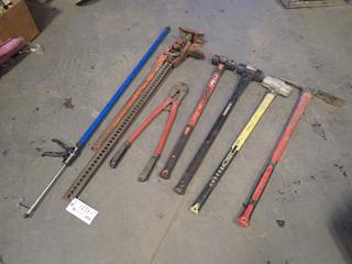 (3) Sledge Hammers, Adjustable Rod Support, Wire Cutters, Pick Axe And Jack