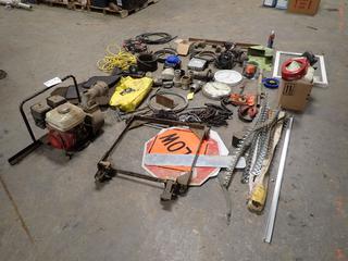 3in Trash Pump c/w Chain, Wire Rope, STOP Sign, 29 1/2in X 21 5/8in Window, Beacon Light, Belt Fasteners, Extension Cords w/ No Ends And Assorted Supplies 