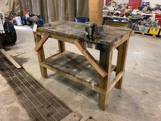 60in X 30in X 42in Wood Work Bench c/w Henry 4in Bench Vise And Ryobi 120V 6in Bench Grinder