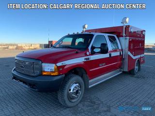 High River Location - 1999 Ford F450 SD 4x4 Crew Cab Fire Rescue Truck c/w V10 Gas, Auto, Caytec SB26063 Service Body, Frost Start Heater, PSE 460H Remote Strobe Power Supply, GVWR 15,000 LB, 176in WB, 225/75R19.5 Tires, Showing 48,720 VIN 1FDXW47S8XEB93650