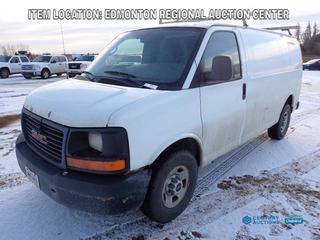Fort Saskatchewan Location - 2010 GMC Savana G2500 Cargo Van c/w 4.8L V8, A/T, Roof Rack And LT245/75R16 Tires. Showing 245,360kms. VIN 1GTZGFBA2A1136508 *Note: Rust And Dents On The Body, Cracked Windshield*