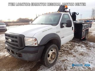 Fort Saskatchewan Location -  2005 Ford F-450 XL Regular Cab 4x4 Flat Deck Picker Truck C/w 6.0L V8 Diesel, A/T, 2004 HIAB 035 Folding Picker SN 80333, 225/70R19.5. Showing 398,485 VIN 1FDXF47P05EA15871 *Note: Seat Torn, As Per Consignor 8 New Injectors, New Alternator, Updated Stand Pipes and Dummy Plugs, New High Pressure Pump Connector, All High Pressure Seals Replaced, Oil Change * *PL#170*