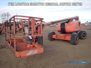 Fort Saskatchewan Location - 2003 JLG 600A 4x4 Boomlift C/w 4 Cyl Diesel, Power To Platform, 500lb Max Capacity, 60ft Max Lift Height, 14-17.5 Tires. Showing 5504 Hours. SN. 0300067614 *Note: Does Not Start*