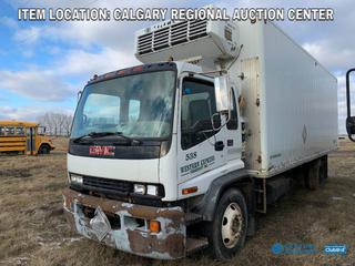 High River Location: 2001 GMC T7500 S/A COE Van Body c/w Cat 3126 300 HP Diesel, Auto, Side Man Door, Thermo-King Reefer (15843 Hrs) 11R22.5 Front, 10R22.5 Rear Tires, Showing 436,509 Kms, VIN 1GDL7C1C21J507220. *Parts Only, Running Condition Unknown*