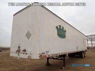 Fort Saskatchewan Location - 1985 Roussy Industries 45 Ft. X 8 Ft. 7 In. T/A Storage Van Trailer c/w  Shelves w/ Contents, Work Table And Electric Breaker, Spring Susp, 9.00-20 Tires. VIN 2R1B0W3CXF1002049 *Note: Rust And Dents On Body*