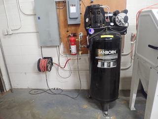 Sanborn SL3706056 230V 60 Gallon Air Compressor w/ 15A, 1Ph, and 135PSI Max Pressure c/w Snap-On Hose Reel **Note: Buyer Responsible For Load Out, Located Offsite @ 493 Sioux Road,  Sherwood Park, AB, For More Details Contact 780-944-9144**