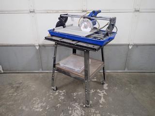 Mastercraft 055-6740-2 120V 7 In. Sliding Wet Tile Saw SN 6120-04172017 c/w 32 In. x 22 In. x 36 In. Portable Stand and Qty of 7 In. Glass Cutting Diamond Blades **Note: Buyer Responsible For Load Out, Located Offsite @ 493 Sioux Road,  Sherwood Park, AB, For More Details Contact 780-944-9144**