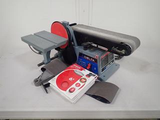 Delta 31-460C Type 2 115V 6 In. Disc Sander w/ 1/3HP, 4A and 1Ph SN K9910 c/w Qty of Unused 6 In. Sanding Discs and Unused 120 Grit Sanding Belt **Note: Buyer Responsible For Load Out, Located Offsite @ 493 Sioux Road,  Sherwood Park, AB, For More Details Contact 780-944-9144**