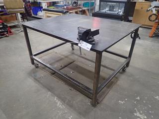 5 Ft. x 4 Ft. x 34 In. Portable Steel Work Table c/w Mastercraft 5 In. Swivel Bench Vise **Note: Buyer Responsible For Load Out, Located Offsite @ 493 Sioux Road,  Sherwood Park, AB, For More Details Contact 780-944-9144**