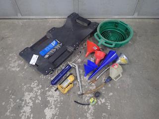 Certified Low Profile Creeper c/w Wilmar 4 Ton Bottle Jack, Oil Pan, Grease Gun, Coolant Tester, and Assorted Funnels **Note: Buyer Responsible For Load Out, Located Offsite @ 493 Sioux Road,  Sherwood Park, AB, For More Details Contact 780-944-9144**