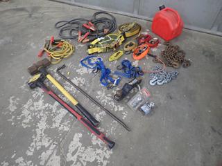 Qty of Ratchet Straps c/w (2) Sets of Booster Cables, (2) Chains, 2 In. Ball Hitch, (2) Sledgehammers, Pry Bar, and Jerry Can  **Note: Buyer Responsible For Load Out, Located Offsite @ 493 Sioux Road,  Sherwood Park, AB, For More Details Contact 780-944-9144**