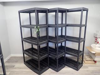Qty of (3) 35 In. x 17 In. x 72 In. Plastic Shelving Units **Note: Buyer Responsible For Load Out, Located Offsite @ 493 Sioux Road,  Sherwood Park, AB, For More Details Contact 780-944-9144**