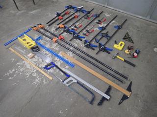 Qty of 8 In. - 72 In. Bar Clamps c/w Assorted Squares, Saws and Jig, Measuring Tapes, Stapler and Hammer **Note: Buyer Responsible For Load Out, Located Offsite @ 493 Sioux Road,  Sherwood Park, AB, For More Details Contact 780-944-9144**