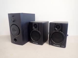 (2) M-Audio Studiophile AV40 115/230V Speakers c/w Harma/Kardon HK395 120V 30W Subwoofer **Note: Buyer Responsible For Load Out, Located Offsite @ 493 Sioux Road,  Sherwood Park, AB, For More Details Contact 780-944-9144**