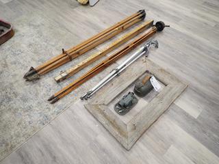 Cooks, Troughton and Simms S021707 Vintage Surveyors Eye Level c/w Qty of Vintage Tripod Stands, Grade Rod and Picture Frame **Note: Buyer Responsible For Load Out, Located Offsite @ 493 Sioux Road,  Sherwood Park, AB, For More Details Contact 780-944-9144**