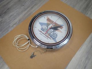 20 In. x 20 In. x 5 In. Ace Product Management Group Harley-Davidson Motorcycles The Roadhouse Collection "Nostalgia Rider" 120V Vintage Clock **Note: Buyer Responsible For Load Out, Located Offsite @ 493 Sioux Road,  Sherwood Park, AB, For More Details Contact 780-944-9144**