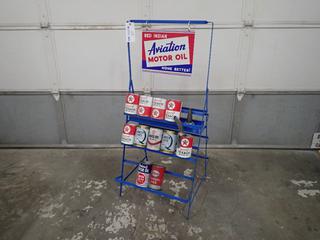 Antique Aviation Motor Oil Sign and Stand c/w Qty of Antique Oil Tins and Dispensers  **Note: Buyer Responsible For Load Out, Located Offsite @ 493 Sioux Road,  Sherwood Park, AB, For More Details Contact 780-944-9144**