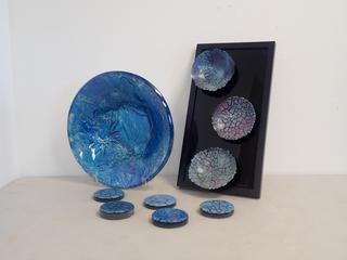 17 In. x 9 In. "Wendy McPeak" Original Locally Made  "Early Morning Skies" Glass Bowl Frame c/w 13 In. Glass Bowl and (5) 3 1/8 In. Glass Coasters **Note: Buyer Responsible For Load Out, Located Offsite @ 493 Sioux Road,  Sherwood Park, AB, For More Details Contact 780-944-9144**