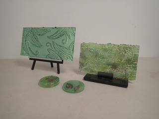 12 In. x 6 In. "Wendy McPeak" Original Locally Made Decorative Glass Art Slab w/ Tripod Stand c/w 9 1/2 In. x 5 1/2 In. Decorative Glass Art Slab w/ Stone Stand and (2) 3 1/8 In. Glass Coasters**Note: Buyer Responsible For Load Out, Located Offsite @ 493 Sioux Road,  Sherwood Park, AB, For More Details Contact 780-944-9144**