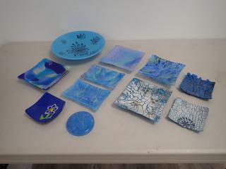 Qty of (4) 6 In. (3) 4 In. and (2) 5 1/2 In. x 3 1/2 In. "Wendy McPeak" Original Locally Made Decorative Glass Art Plates c/w (1) 9 1/2 In. Glass Bowl and (1) 3 1/8 In. Glass Coaster **Note: Buyer Responsible For Load Out, Located Offsite @ 493 Sioux Road,  Sherwood Park, AB, For More Details Contact 780-944-9144**