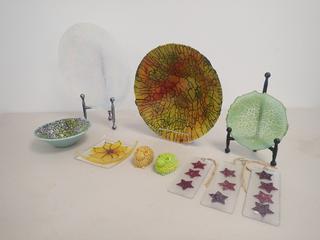 (2) 10 In. (1) 5 3/4 In. and (1) 5 In. "Wendy McPeak" Original Locally Made Decorative Glass Art Bowls c/w (3) 5 In. x 2 In. Glass Hanging Ornaments, (2) Glass Sheep and (1) 4 1/2 In. Flower Plate **Note: Buyer Responsible For Load Out, Located Offsite @ 493 Sioux Road,  Sherwood Park, AB, For More Details Contact 780-944-9144**