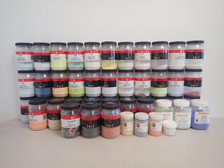 Qty of Assorted Bullseye Glass Co. Glass Powders and Sheet Glass c/w Float Fire 82 Glass Paints, Underglaze and Bullseye Master Kiln Forming Sample Sets **Note: Buyer Responsible For Load Out, Located Offsite @ 493 Sioux Road,  Sherwood Park, AB, For More Details Contact 780-944-9144**