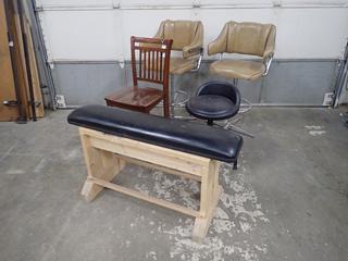 Qty of (3) Bar Stools c/w (1) Wood Chair and 3 Ft. Bench **Note: Buyer Responsible For Load Out, Located Offsite @ 493 Sioux Road,  Sherwood Park, AB, For More Details Contact 780-944-9144**