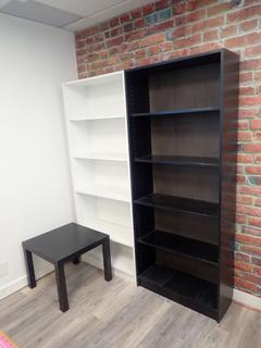 (2) 29 In. x 11 1/2 In. 72 In. 5 Section Book Shelf c/w 21 1/2 In. x 17 1/2 In. Table **Note: Buyer Responsible For Load Out, Located Offsite @ 493 Sioux Road,  Sherwood Park, AB, For More Details Contact 780-944-9144**