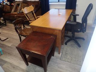 60 In. x 32 In. x 30 In. Desk c/w (3) Chairs, 36 In. x 18 In. x 27 In. Portable Table and 24 In. x 24 In. End Table **Note: Buyer Responsible For Load Out, Located Offsite @ 493 Sioux Road,  Sherwood Park, AB, For More Details Contact 780-944-9144**