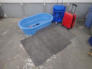 48 In. x 28 In. 12 In. Oval Poly Stock Tank c/w (2) 3 Ft. x 3 Ft. and (1) 3 Ft. x 2 Ft. Floor Mats, (2) Sprinklers, (1) Spray Nozzle and (2) Travel Bags **Note: Buyer Responsible For Load Out, Located Offsite @ 493 Sioux Road,  Sherwood Park, AB, For More Details Contact 780-944-9144**