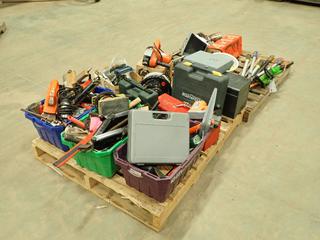 Pallet Of Assorted Size/Style Tools Including: Clamps, Pain Spray Guns, Branch Trimmers, Nail Guns, Palm Sanders, Power Buffer, Flap Wheel, Mini Cut Off Saw, (2) Tool Boxes w/ Assorted Tools   (S-3-3)