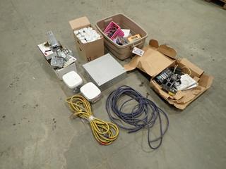 Qty Of Assorted Electrical Boxes, Connectors, Plates, Plug-Ins, Extension Cords, Silicone For Doors And Windows, Transmitters And Stud Finders (P-3-1)