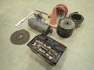 Bench Vise, Air Tank, Hose And Hose Reel, Rubber, Chain, Tool Box w/ Contents, Sledge Hammer And Assorted Supplies (S-3-2)