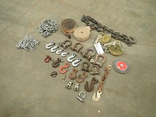 Qty Of Assorted Chains, 2 In. Unused Ratchet Strap, Shackles, Hooks, Steel Brush And Assorted Supplies (V-2-3)