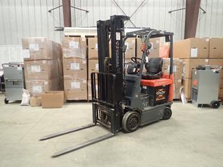 Toyota 7FBCU18 48V Forklift c/w Side Shift, 48in Forks, 3-Stage Mast, Aux Hyd, Deka D-Series 24 Cell Battery Bank, Ametek Pro-Ametek Presolite Power Pro 48V Battery Charger w/ 480/575V 3-Phase Input, 18 X 6 X 12 1/8 Front And 14 X 4 1/2 X 8 Rear Tires. Showing 14,277 Key On Hours, 7423 Lifting And Travel Hours, 35,844kms. SN 65923 *Buyer Responsible For Battery Charger Disconnect*