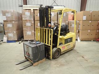 2011 Hyster J40Zt 48V Forklift c/w Side Shift, 3-Stage Mast, GNB Industrial Power GBS1968 24-Cell Battery Bank, General Battery Industrial 2000 Plus 24/20/10A 208/240/480V 3-Phase Battery Charger, 18 X 7 X 12 1/8 Front And 15 X 4 X 11 1/4 Rear Tires. Showing 4394hrs. SN J160N03288E