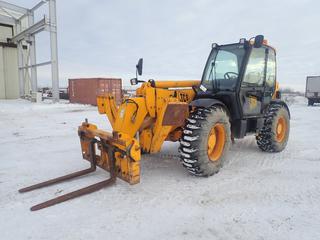 2005 JCB 550 4X4X4 Telescopic Forklift c/w JCB Diesel Engine, Aux Hyd, 4-Spd Powershift Transmission, (2) Front Outriggers, Cab Tilt, 3-Stage Boom, 44 Ft. 3 In. Max Boom Height, 10,000Lbs. Max Operating Cap, 4 Ft. Fork Attachment And 17.5-25 Tires. Showing 3105Hrs. SN SLP550GA5E1165794, PIN 1165794