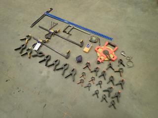 Qty Of Assorted Bar And Spring Clamps c/w Rok Square, Zircon Stud Sensor, Chalk Line And Lufkin Tape Measure (0-3-3)
