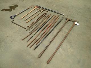 Qty Of Assorted Pry Bars, Snipes, Pickaxe, Sledgehammers, Square And Scraper (N-1-3)