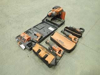 (2) Ridgid 120V Reciprocating Saws c/w Ridgid R2850 120V Job Max Multi-Tool, Ridgid CM14500 Cut-Off Saw And Ridgid R841151 18V 1/2in Drill w/ Battery And Charger (K-2-1)