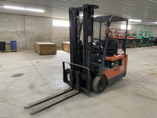 Toyota 5FBE18 48V 2900 Lbs Capacity Electric Forklift c/w 3-Stage Mast, Side Shift, 48in Forks, Hobart R Series Charger, 18 x 7-8 Solid Tires, Showing 5083 Hrs, S/N 24403 (HIGH RIVER YARD)