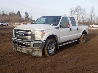 2012 Ford F350 XLT Super Duty 4X4 Crew Cab Pickup c/w 6.2L V8, A/T, Aluminum Headache Rack w/ Rails, Plywood Box Liner And LT265/70R17 Tires. Showing 251,051kms. VIN 1FT8W3B66CEA04095 *Note: Hood Panel Cracked, Front Grille Peeling, Side Panel On Box Is Cut, Tailgate Damaged, Rear Bumper Cracked, Rust/Paint Chips Throughout Body* (FORT SASKATCHEWAN YARD)