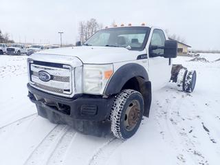 2011 Ford F450 Super Duty XL 4X4  Regular Cab And Chassis c/w 6.8L V8, A/T And 225/70R19.5 Tires. Showing 156,330kms. VIN 1FDUF4HY9BEB11214 *Note: No Muffler Or Exhaust From Converter, Dent In Front Bumper And Hood, Paint Chips Throughout Body* (FORT SASKATCHEWAN YARD)