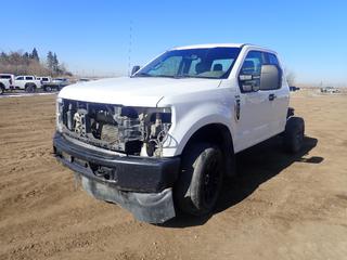 2018 Ford F350 XL Super Duty 4X4 Cab And Chassis c/w 6.2L, A/T And 265/70R17 Tires. Showing 296,676kms. VIN 1FT8X3B65JEC30610 *Note: Check Engine And Tire Gauge Light On, No Battery, Grille Unattached, Dents In Hood And Driver Rear Door, Front Bumper Damage* (FORT SASKATCHEWAN YARD) *PL#130*