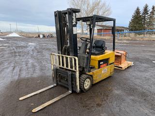 Yale 48V Electric 4,000 Lbs Capacity Forklift c/w Showing 1788 Hrs., 3-Stage Mast, Side Shift, 48in Forks, Gould MPC 8166 Charger, 18x7x12.1 Solid Tires, Showing 1788 Hrs, S/N B807N02496V (HIGH RIVER YARD)